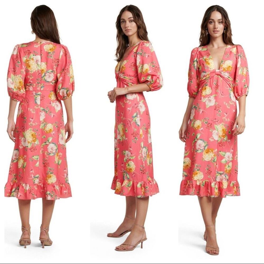 EVER NEW Melbourne Cartier Linen Puff Sleeve Floral Midi Dress Size 2 NWT